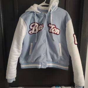 Chic Light Blue and White Hoodie with Boston Lettering